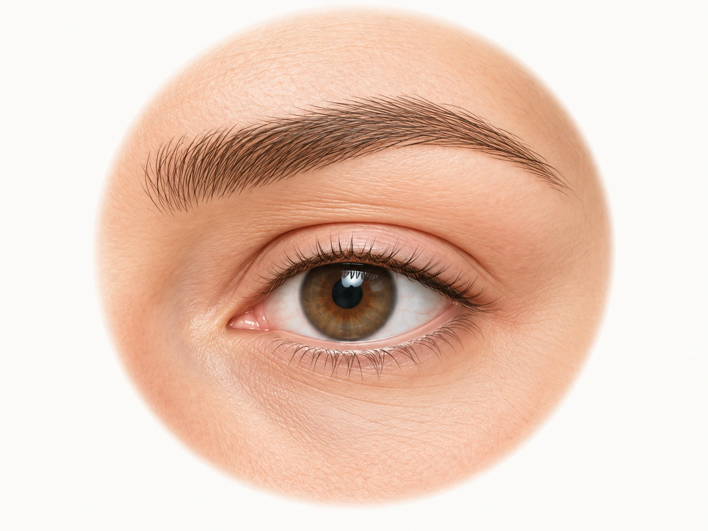 Close illustrated view showing an eyebrow above the upper eyelid crease and intact eye.