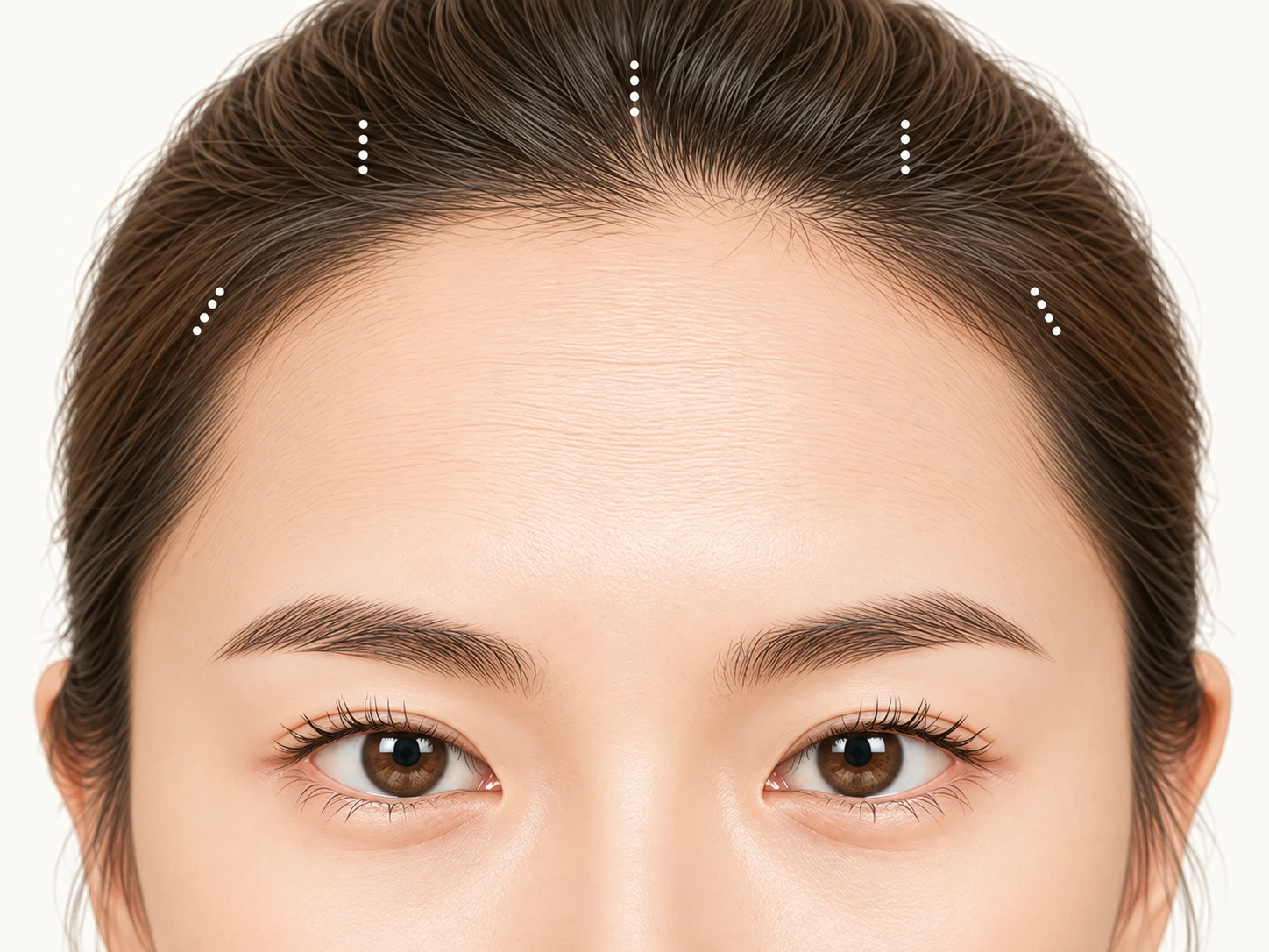 Forehead illustration with dotted access marks behind the hairline.