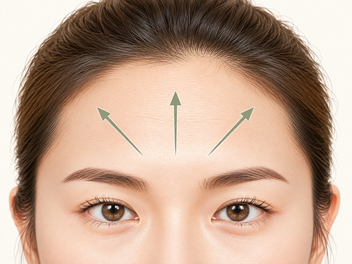 Forehead illustration with upward and outward arrows indicating the direction of lifting.