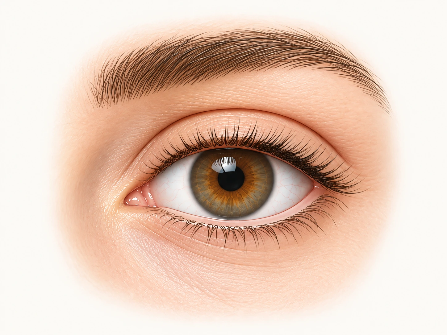 Illustrated eye with a visible upper eyelid crease and intact lid margins.