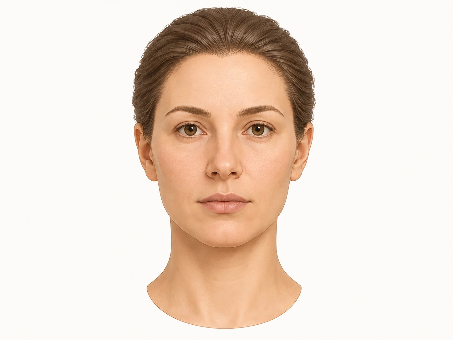 Illustrated adult head and short neck viewed directly from the front.