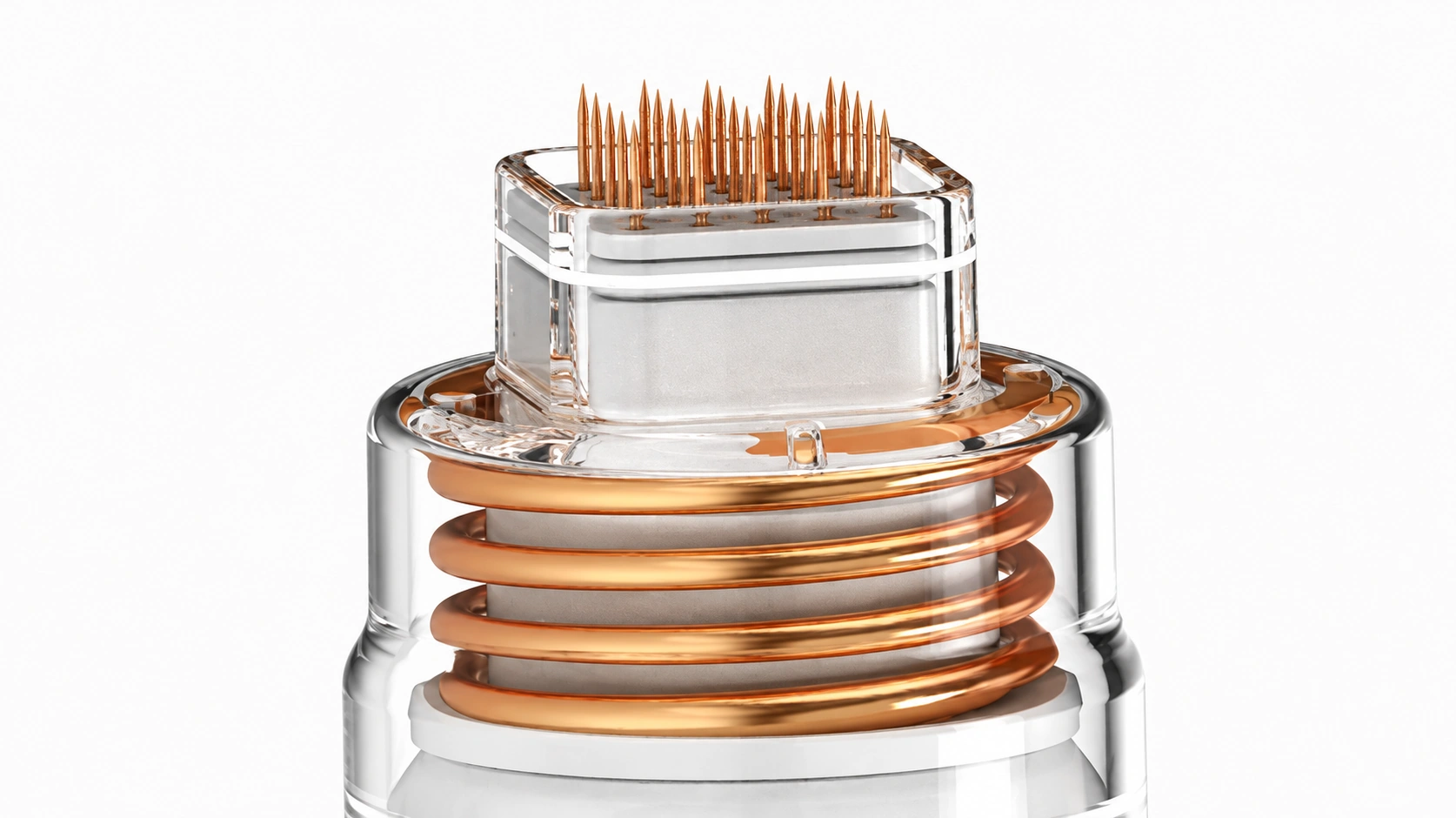 Rendered treatment tip with a cluster of fine needles above a transparent housing.